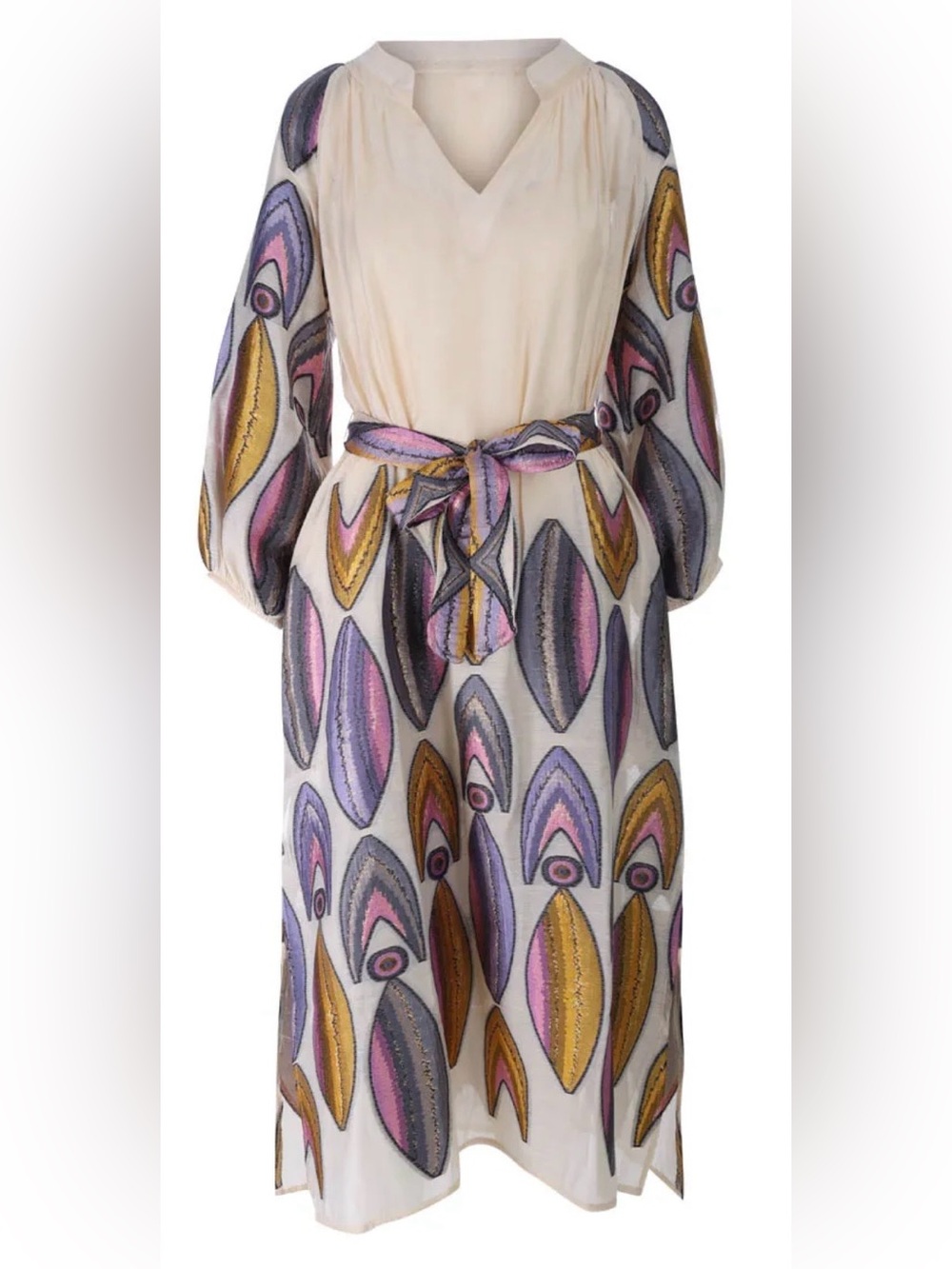 Cream Long-Sleeve Midi Dress with Purple & Gold Pattern